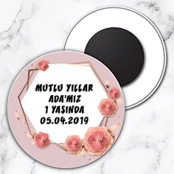 Pembe Çiçekler Temalı Daire Plastik Magnet