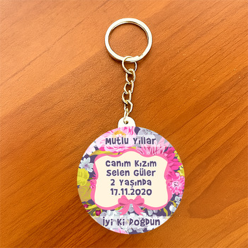 Pembe Çiçekler Temalı Daire Plastik Anahtarlık
