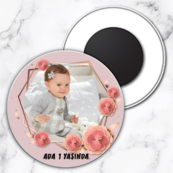 Pembe Çiçekler Temalı Resimli Daire Plastik Magnet