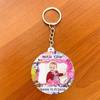 Pembe Çiçekler Temalı Resimli Daire Plastik Anahtarlık