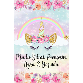 Pembe Çiçekler Ve Unicorn Temalı Doğum Günü Magnet