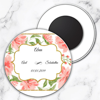 Pembe Çiçekli Simli Çerçeve Temalı Söz Nişan Nikah Daire Plastik Magnet