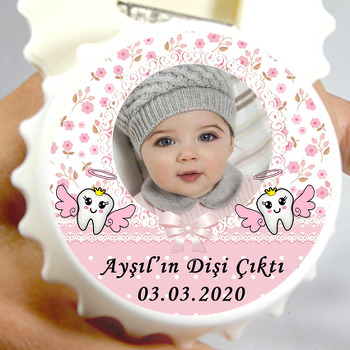 Pembe Çiçekli ve Pembe Diş Temalı Fotoğraflı  Diş Buğdayı Kapak Şeklinde Magnet Açacak