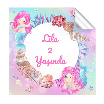 Pembe Denizkızı Temalı Kare Parti Etiket