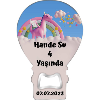 Pembe Ejderha Bulutlarda Temalı Balon Ahşap Magnet 