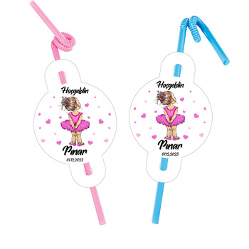 Pembe Elbiseli Balerin Kız ile Kalpler Temalı Pipet ve Kartı