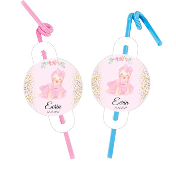 Pembe Elbiseli Bebek Temalı Pipet ve Kartı