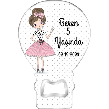 Pembe Etekli Genç Kız Puantiye Fonda Temalı Balon Ahşap Magnet 
