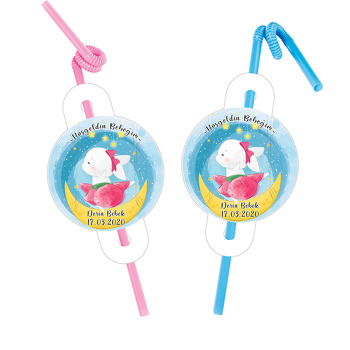 Pembe Etekli Tavşan Temalı Pipet ve Kartı