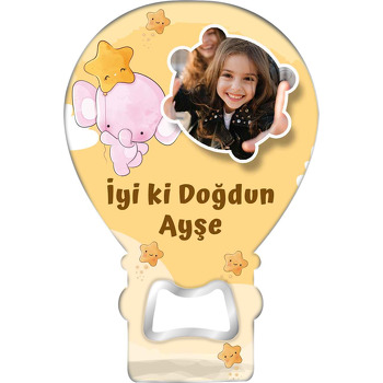 Pembe Fil ile Sarı Fon Temalı Balon Ahşap Magnet 