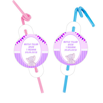 Pembe Fil Temalı Pipet ve Kartı