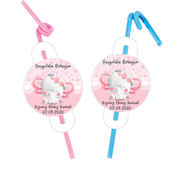 Pembe Fil Temalı Pipet ve Kartı