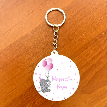 Pembe Fil ve Balonlu Hoşgeldin Bebek Temalı Daire Plastik Anahtarlık