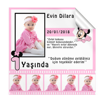 Pembe Film Şeritli Mickey Temalı  Kare Etiket