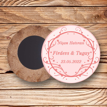 Pembe Floral Desen Temalı Daire Ahşap Magnet