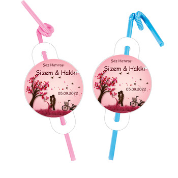 Pembe Fonda Kalpli Ağaç ve Sevgililer Temalı Pipet ve Kartı