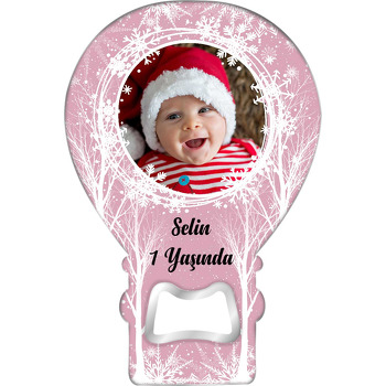 Pembe Fonda Kar Taneleri ile Kış Ağaçları Temalı Balon Ahşap Magnet 