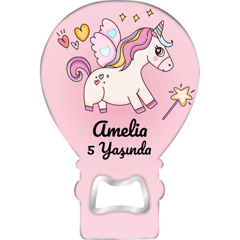 Pembe Fonda Unicorn ile Sihirli Değnek Temalı Balon Ahşap Magnet 