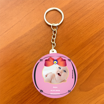 Pembe Fonlu Nazar Papyon Temalı Bebek Daire Plastik Anahtarlık