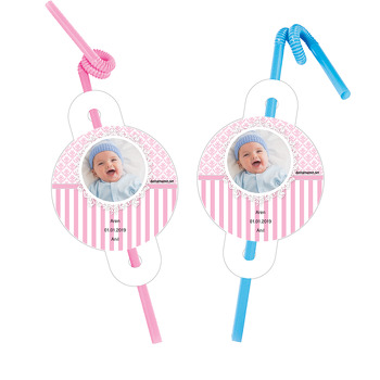 Pembe Fonlu Temalı Bebek Pipet ve Kartı