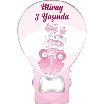 Pembe Gemi ile Orman Hayvanları Temalı Balon Ahşap Magnet 