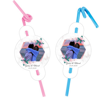 Pembe Geometrik Çerçeve ile Soft Çiçekler Temalı Pipet ve Kartı
