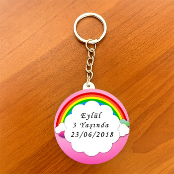 Pembe Gökkuşağı  Temalı Daire Plastik Anahtarlık