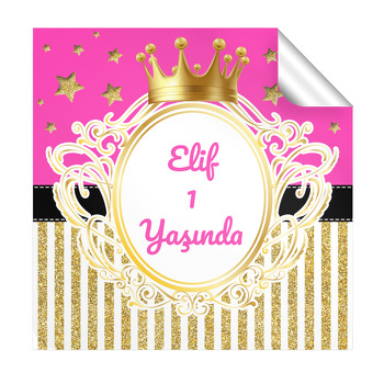Pembe Gold Simli Fonda Taç ile Yıldızlar Temalı Kare Parti Etiket