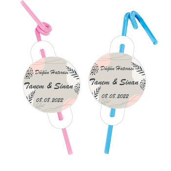Pembe Gri Abstract Desen Temalı Pipet ve Kartı