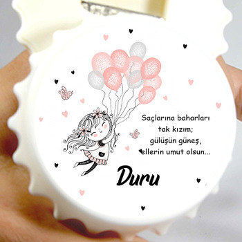 Pembe Gri Balonlu Sevimli Kız Temalı Kapak Şekilli Magnet Açacak