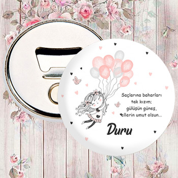 Pembe Gri Balonlu Sevimli Kız Temalı Magnet Açacak