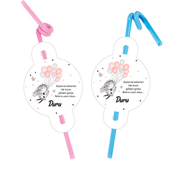 Pembe Gri Balonlu Sevimli Kız Temalı Pipet ve Kartı