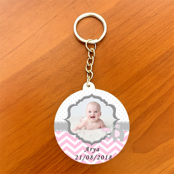 Pembe Gri Fil Temalı Resimli Daire Plastik Anahtarlık