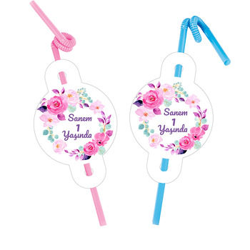 Pembe Gül Çerçeve Temalı Pipet ve Kartı