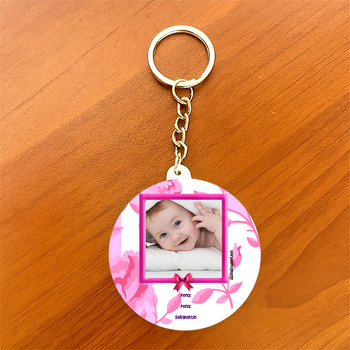 Pembe Gül Temalı Bebek Daire Plastik Anahtarlık
