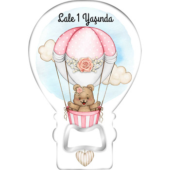 Pembe Güllü Balonda Ayıcık Temalı Balon Ahşap Magnet 