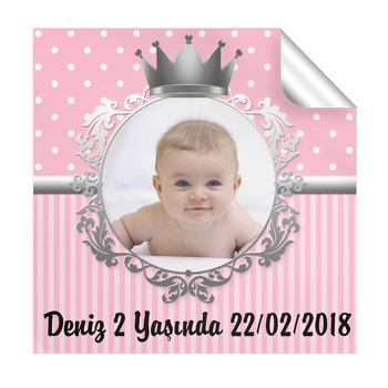Pembe Gümüş Taç Temalı Doğum Günü  Kare Etiket