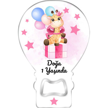 Pembe Hediye Paketinde Zürafa ile Yıldızlar Temalı Balon Ahşap Magnet 