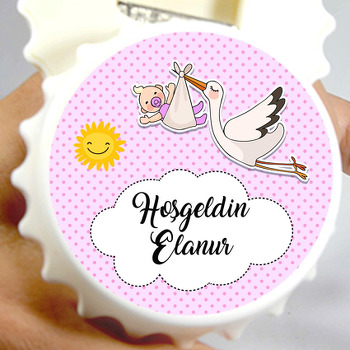 Pembe Hoşgeldin Bebek ile Leylek Havada Temalı Kapak Şekilli Magnet Açacak