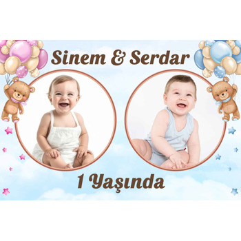 Pembe ile Mavi Balonlu Ayıcık İkizler Temalı Doğum Günü Afiş