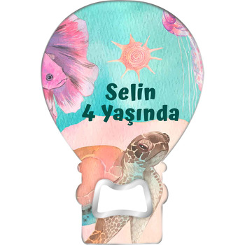 Pembe Japon Balığı ile Kaplumbağa Temalı Balon Ahşap Magnet 