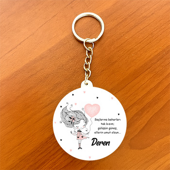 Pembe Kalp Balonlu Sevimli Kız Temalı Daire Plastik Anahtarlık