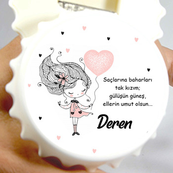 Pembe Kalp Balonlu Sevimli Kız Temalı Kapak Şekilli Magnet Açacak