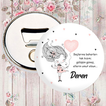 Pembe Kalp Balonlu Sevimli Kız Temalı Magnet Açacak