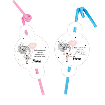 Pembe Kalp Balonlu Sevimli Kız Temalı Pipet ve Kartı