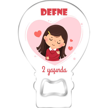 Pembe Kalpte Sevgi Saçan Kız Çocuğu Temalı Balon Ahşap Magnet 