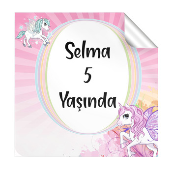 Pembe Kanatlı Unicorn Temalı Kare Etiket