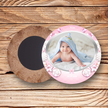 Pembe Kapitone Fonda Balonlar Temalı Resimli Ahşap Daire Magnet