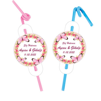 Pembe Kelebekler ile Güller Temalı Pipet ve Kartı