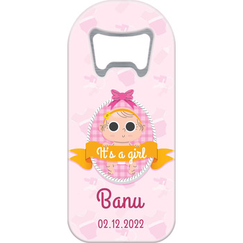 Pembe Kundakta Kız Bebek ile Sarı Flama Temalı Uzun Magnet Açacak